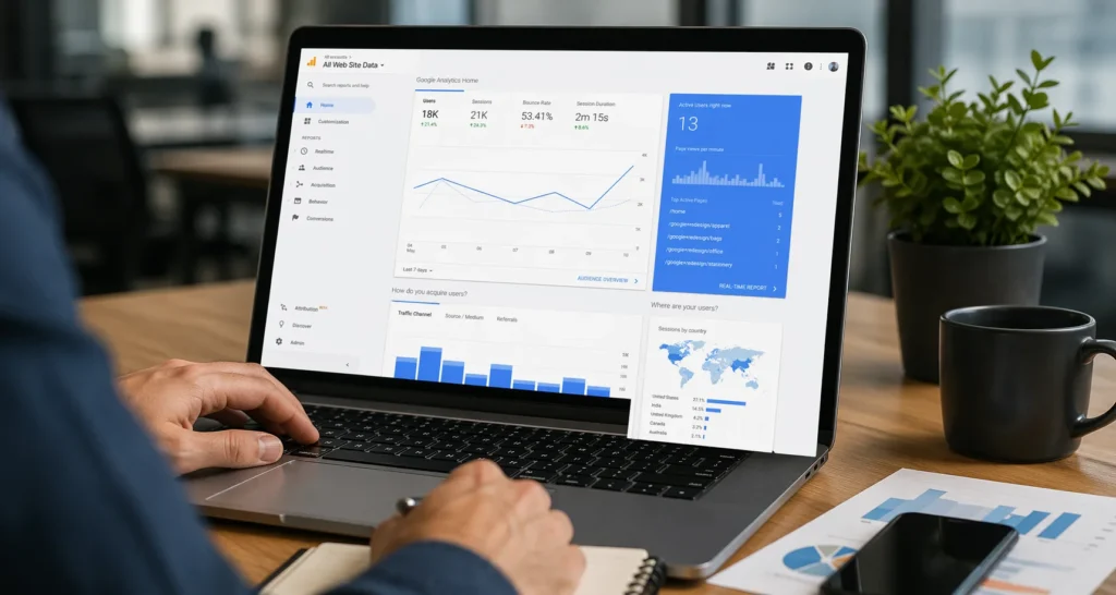 O que é o Google Analytics e por que ele é importante para SEO? Análise de dados no Google Analytics exibida em laptop com gráficos de tráfego, métricas de SEO e desempenho de site em ambiente de escritório moderno